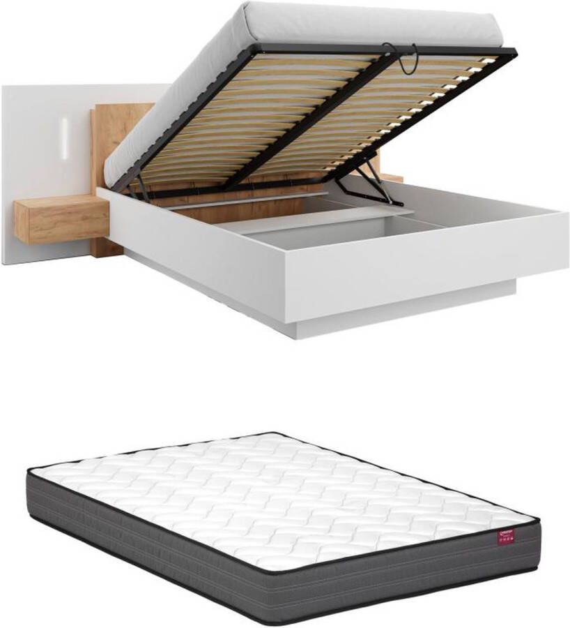 Vente-unique Bed met opbergruimte en nachtkastjes – 160 x 200 cm – 2 lades – Ledverlichting – Kleuren: wit en houteffect – Met matras – FRANCOLI L 264.4 cm x H 102 cm x D 218.2 cm