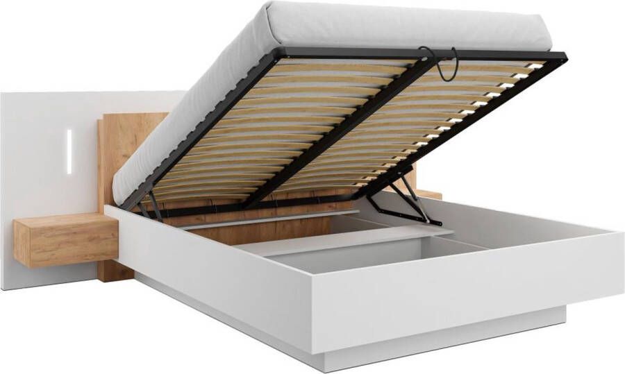 Bed met opbergruimte en nachtkastjes – 160 x 200 cm – 2 lades – Ledverlichting – Kleuren: wit en houtlook – FRANCOLI L 264.4 cm x H 102 cm x D 218.2 cm