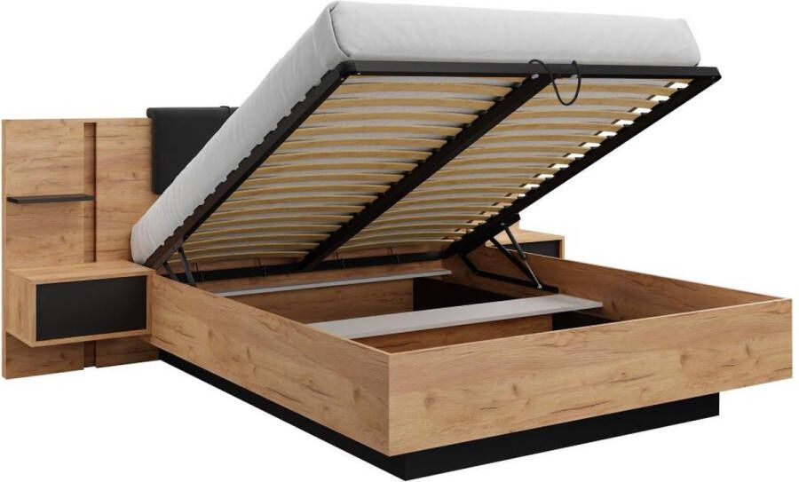 Vente-unique Bed met opbergruimte en nachtkastjes – 160 x 200 cm – Ledverlichting – Kleuren: houtlook en antraciet – ELYNIA L 256.4 cm x H 104.4 cm x D 210 cm