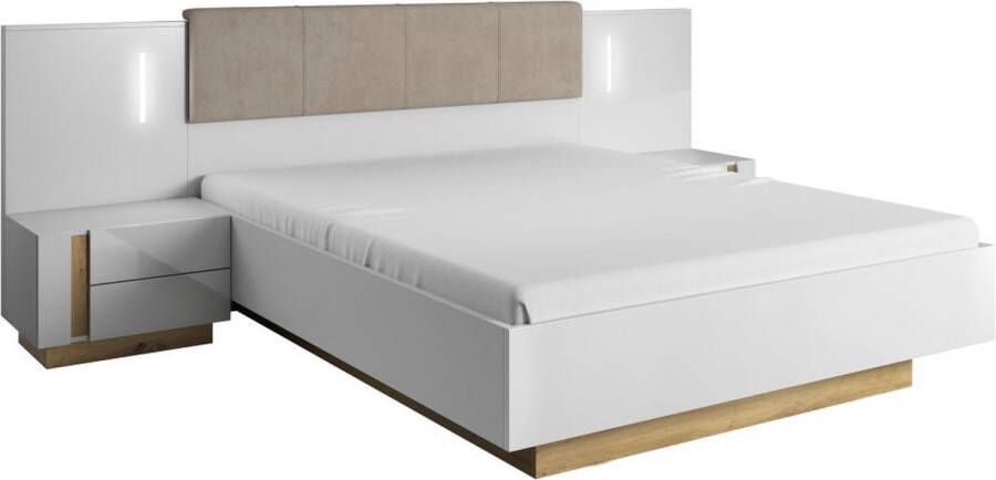 Bed met opbergruimte en nachtkastjes – 160 x 200 cm – Ledverlichting – Wit en houtlook – MURARI L 284.4 cm x H 104.5 cm x D 210.4 cm