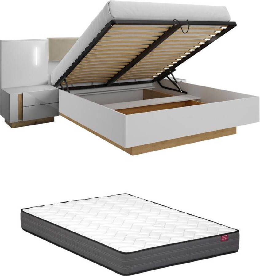 Vente-unique Bed met opbergruimte en nachtkastjes – 160 x 200 cm – Met ledverlichting – Wit en houtlook – Met matras – MURARI L 284.4 cm x H 104.5 cm x D 210.4 cm - Foto 2