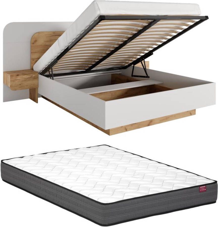 Bed met opbergruimtes met nachtkastjes 160 x 200 cm Met ledverlichting naturel en wit + matras DESADO L 245.2 cm x H 115.6 cm x D 208.8 cm