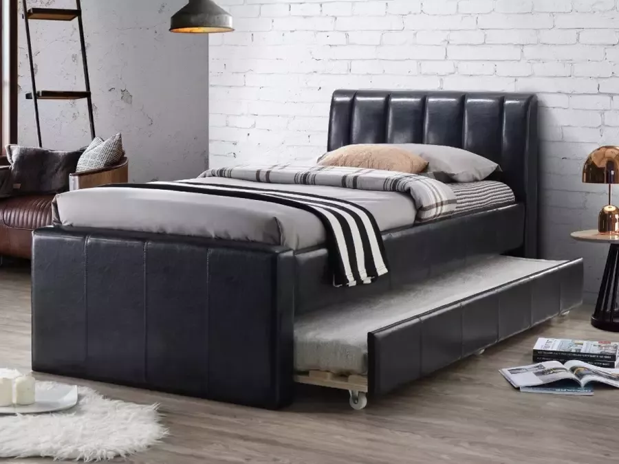Bed met slaaplade ANDREA 2 x 90 x 190 cm zwart kunstleer L 214.5 cm x H 93.5 cm x D 99.5 cm