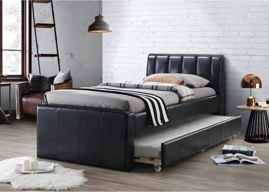 Bed met slaaplade ANDREA 2 x 90 x 190cm zwart kunstleer + matras ZEUS 90 x 190 cm L 214.5 cm x H 102 cm x D 99.5 cm