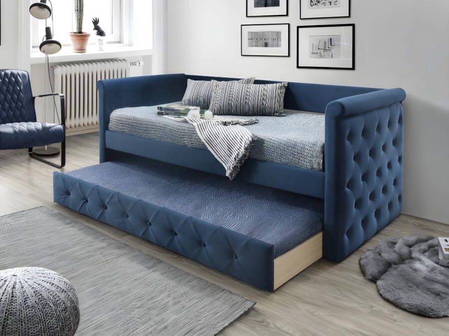 Bed met slaaplade LOUISE 2 x 90 x 190 cm Blauwe stof + matras L 219 cm x H 95.2 cm x D 98.5 cm - Foto 2