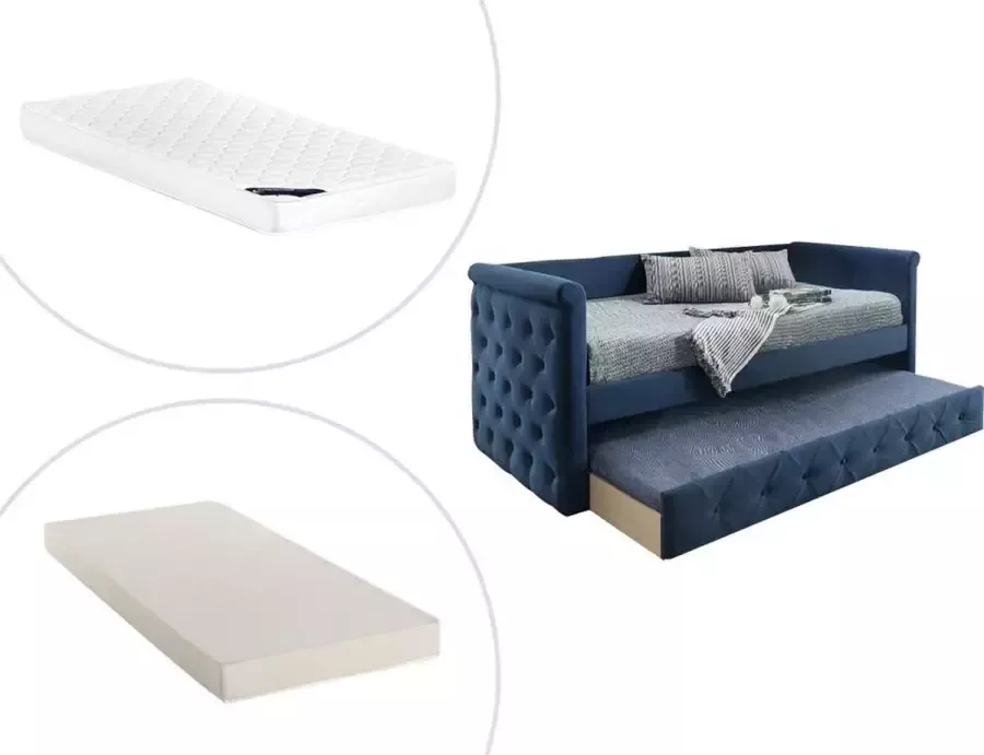 Bed met slaaplade LOUISE 2 x 90 x 190 cm Blauwe stof + matras L 219 cm x H 95.2 cm x D 98.5 cm - Foto 1