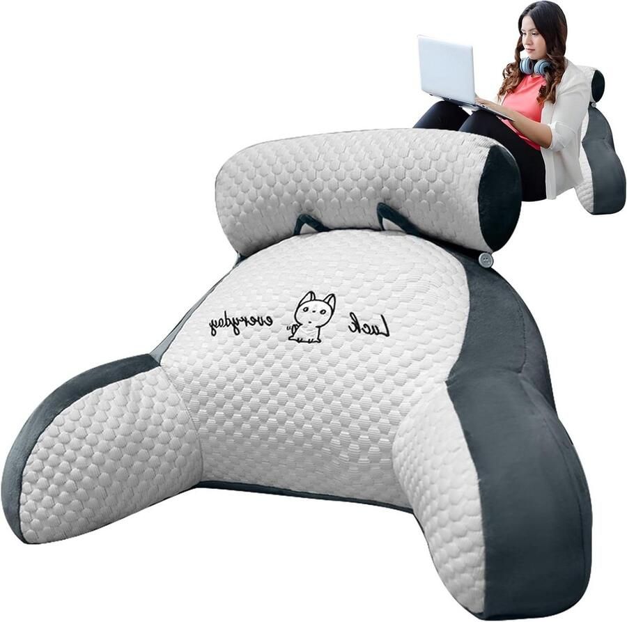 Bed Reading Pillow 70 × 50 × 25 cm Extra Large 2-in-1 with Neck and Arm Back Support Cuddle Pillow Backrest Cushion (Light Grey XL)