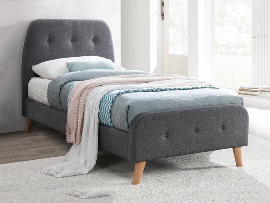 Vente-unique Bed ROMEO met gestoffeerde hoofdeinde 90 x 190 cm Grijze stof L 204.5 cm x H 106 cm x D 96 cm - Foto 2