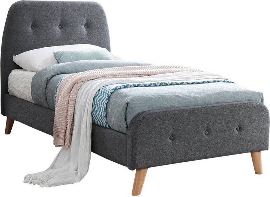 Vente-unique Bed ROMEO met gestoffeerde hoofdeinde 90 x 190 cm Grijze stof L 204.5 cm x H 106 cm x D 96 cm - Foto 3