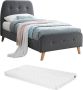 Vente-unique Bed ROMEO met gestoffeerde hoofdeinde 90x190cm Grijze stof + Matras L 204.5 cm x H 106 cm x D 96 cm - Thumbnail 1