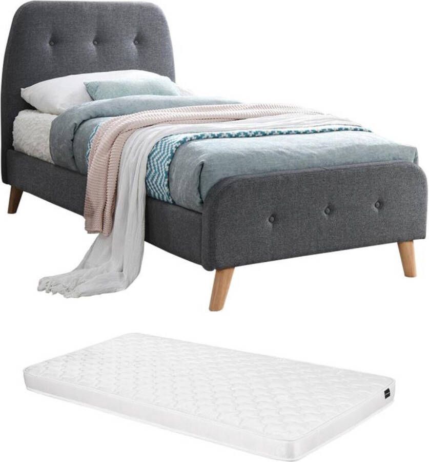 Vente-unique Bed ROMEO met gestoffeerde hoofdeinde 90x190cm Grijze stof + Matras L 204.5 cm x H 106 cm x D 96 cm