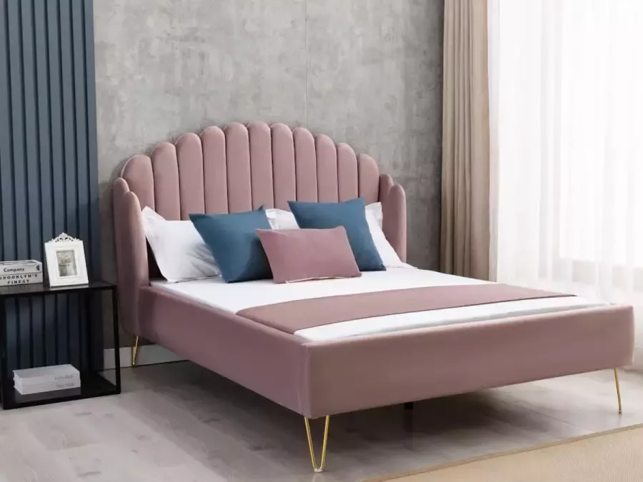Bed met glooiend hoofdeinde 140 x 190 cm Fluweel Oud roze SAGALI L 158 cm x H 126 cm x D 203 cm - Foto 3
