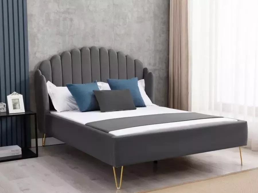 Bed met glooiend hoofdeinde 160 x 200 cm Fluweel Grijs SAGALI L 178 cm x H 126 cm x D 213 cm - Foto 2