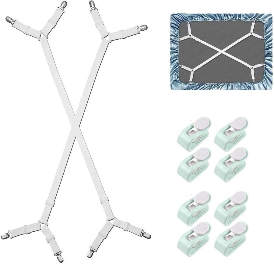 Bed Sheet Tensioner Adjustable with 8 Pieces Duvet Cover Clips 100-250 cm Triangular Tensioners Elastic Paint Tensioners with Metal Clip for Wrinkle Free Sheets Mattress Ironing Board Sofa