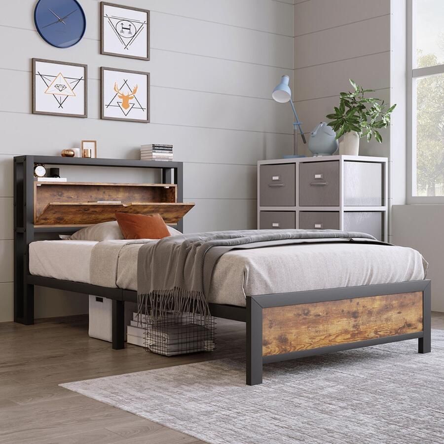 Bed volwassene 90x200 cm Eenpersoonsbed met opbergruimte Hoofdbord en metalen bodem Zwart