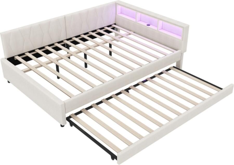 Daybed 140x200cm slaapbank opbergvak op het bed USB+Type C afstandsbediening voor LED-sfeerverlichting bed met uitschuifbaar bed met lattenbodem (zonder matras) linnen beige