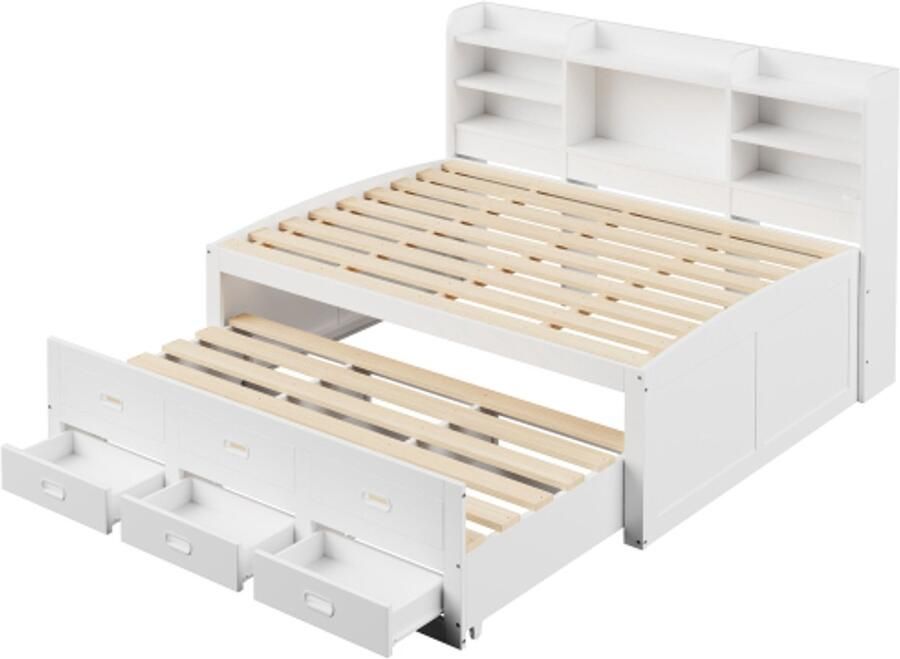 Bedbank 140x200cm Zonder Matras Wit Linnen Met Led Verlichting Usb Type C Met 3 Laden Uitklapbaar Multifunctioneel Bed Voor Slaapkamer