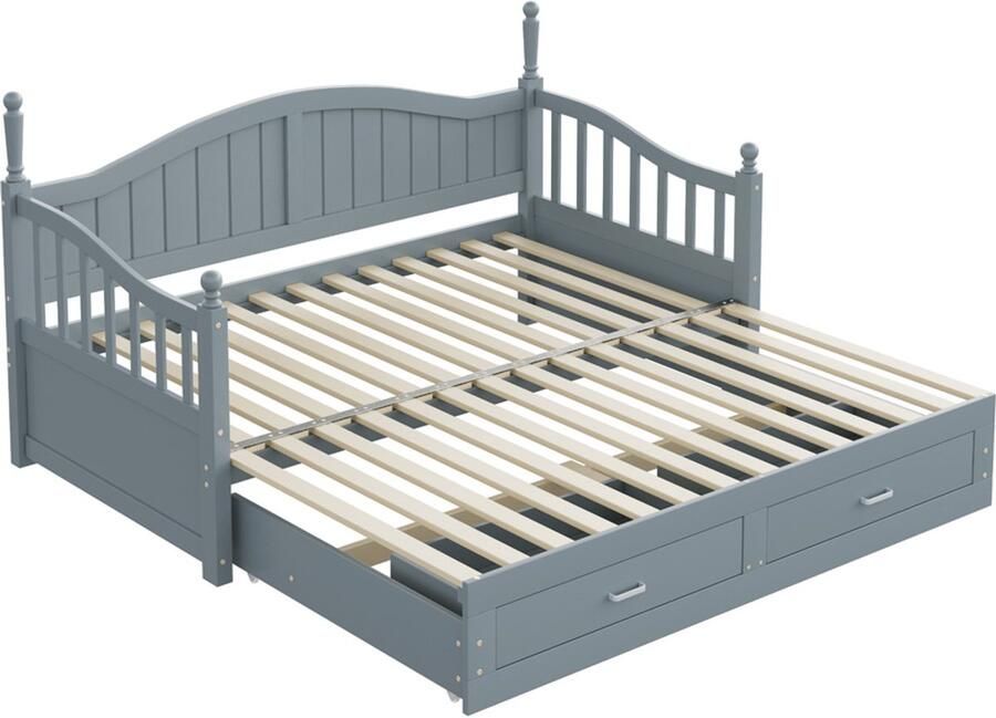 Bedbank 90 180x190cm zonder matras met Romeinse zuilen gebogen rugleuning armleuningen en 2 lades stevig houten frame stijlvol klassiek ontwerp multifunctioneel als bank en bed grijs