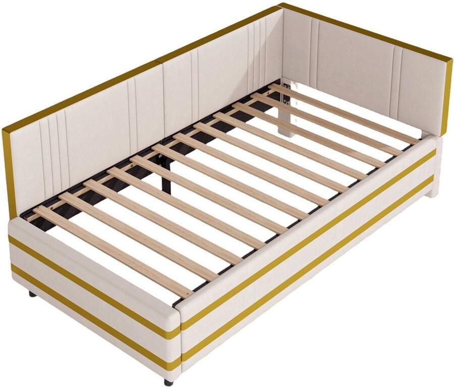 Bedbank 90x200 cm zonder matras klassieke verticale streep ontwerp eenvoudig modern uiterlijk huidvriendelijke zachte stof multifunctioneel ontwerp als sofa en bed Beige