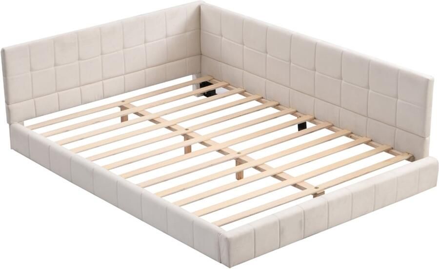 Bedbank gestoffeerd bed 140x200cm zonder matras klassiek en stijlvol met blokdecoratie huidvriendelijke zachte stof stevig frame geschikt voor slaapkamer en woonkamer Beige