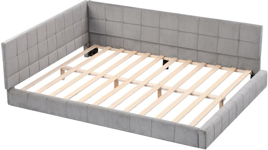 Bedbank gestoffeerd bed 140x200cm zonder matras klassiek en stijlvol met blokdecoratie huidvriendelijke zachte stof stevig frame geschikt voor slaapkamer en woonkamer grijs