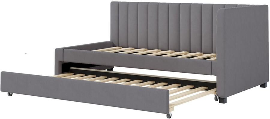 Bedbank gestoffeerd bed 90 180x200cm zonder matras met uitschuifbed klassiek verticaal streepdecor ontwerp zacht huidvriendelijk fluweel grijs