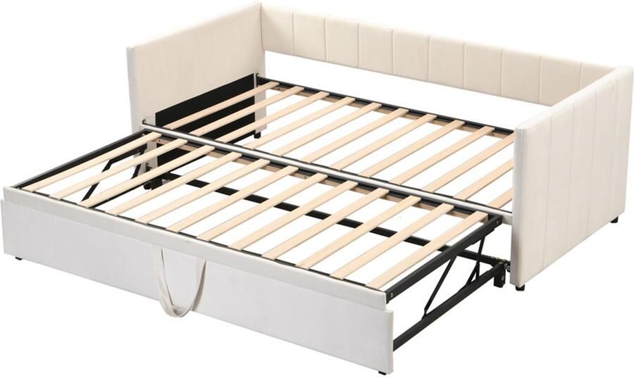 Bedbank Gestoffeerd bed 90 180x200cm Zonder matras Met uittrekbaar bed Huidvriendelijke fluwelen stof Stijlvol klassiek ontwerp met verticale streepversiering Beige