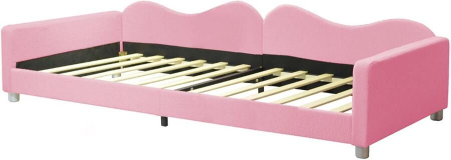 Bedbank gestoffeerd bed 90x200cm zonder matras huidvriendelijke zachte fluwelen stof modieus hoofdbord met speciale golvende vorm multifunctioneel 2-in-1 meubel als sofa en bed roze