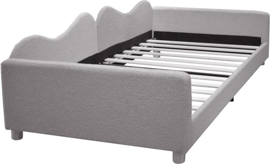 Bedbank gestoffeerd bed 90x200cm zonder matras huidvriendelijke zachte fluwelen stof modieus hoofdbord met speciale golvende vorm multifunctioneel 2-in-1 meubel als sofa en bed grijs