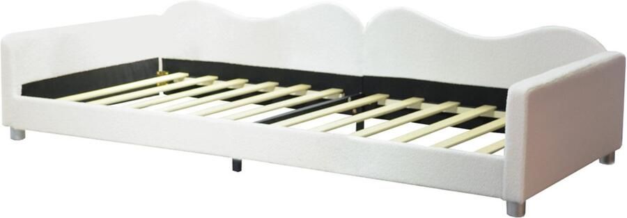 Bedbank gestoffeerd bed 90x200cm zonder matras huidvriendelijke zachte fluwelen stof modieus hoofdbord met speciale golvende vorm multifunctioneel 2-in-1 meubel als sofa en bed wit