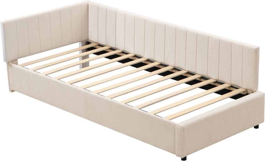 Bedbank gestoffeerd bed 90x200cm zonder matras klassiek verticaal streepdecor ontwerp zacht huidvriendelijk fluweel Beige