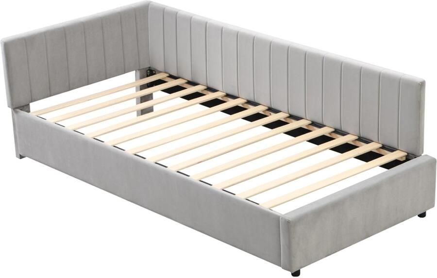 Bedbank gestoffeerd bed 90x200cm zonder matras klassiek verticaal streepdecor ontwerp zacht huidvriendelijk fluweel grijs