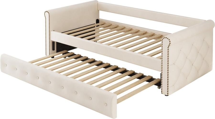 Bedbank Gestoffeerd bed 90x200cm Zonder matras Met uittrekbaar bed Huidvriendelijke fluwelen stof Stijlvol klassiek ontwerp met verticale knoopversiering Beige