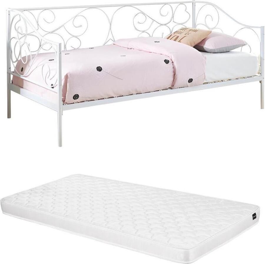 Vente-unique Bedbank VIVIAN 90 x 200 cm Metaal Wit + Matras L 207 cm x H 95 cm x D 96 cm
