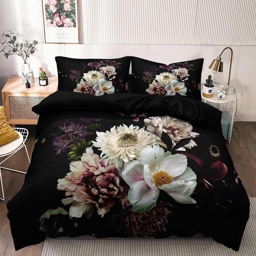 Beddengoed 135 x 200 cm bloemen zwart vintage bloesem patroon 3D planten beddengoed set zomer gebloemd bloemen microvezel dekbedovertrek eenpersoonsbed set 135 x 200 voor dekbedden en 1 kussensloop 80