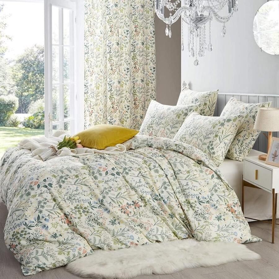 Beddengoed 135 x 200 cm met 1 kussensloop 80 x 80 cm groen witte bladeren bloemen beddengoedset meisjes tieners microvezel eenpersoonsbed dekbedovertrek met ritssluiting