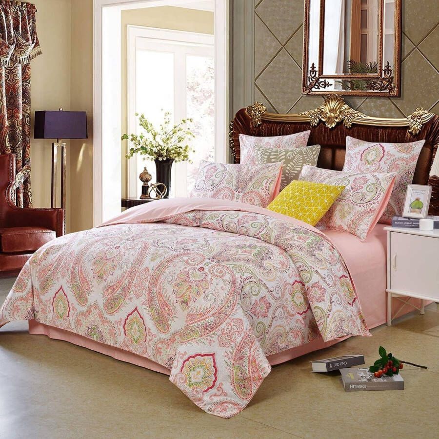Beddengoed 135 x 200 cm roze wit Boheems Boho Elegant beddengoedset eenpersoonsbed Renforce dekbedovertrek met ritssluiting en 1 kussensloop 80 x 80 cm