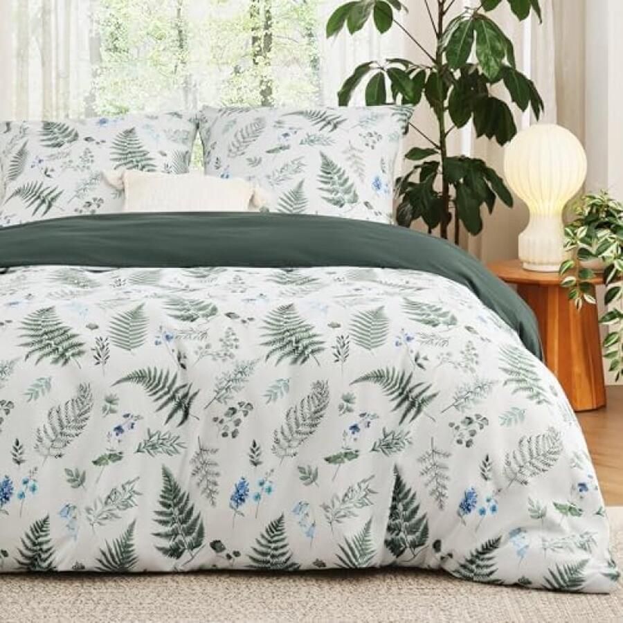 Beddengoed 220 x 240 cm 3-delig dekbedovertrek beddengoedsets 220 x 240 cm met 2 kussenslopen 80 x 80 cm Öko-Tex beddengoedset patroon groen bloemen planten voor tweepersoonsbed