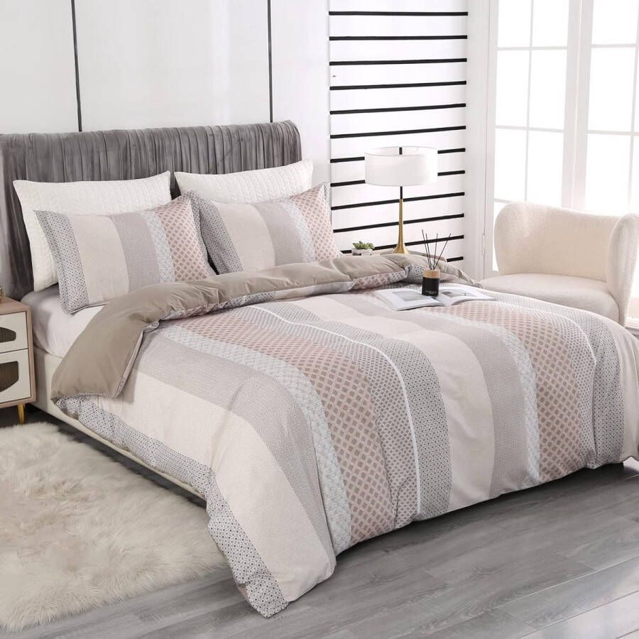 Beddengoed 200 x 200 cm 3-delig gestreept microvezel beddengoed beige gestreept beddengoedsets voor tweepersoonsbed dekbedovertrek 200 x 200 cm met 2 kussenslopen van 80 x 80 cm grijs-beige