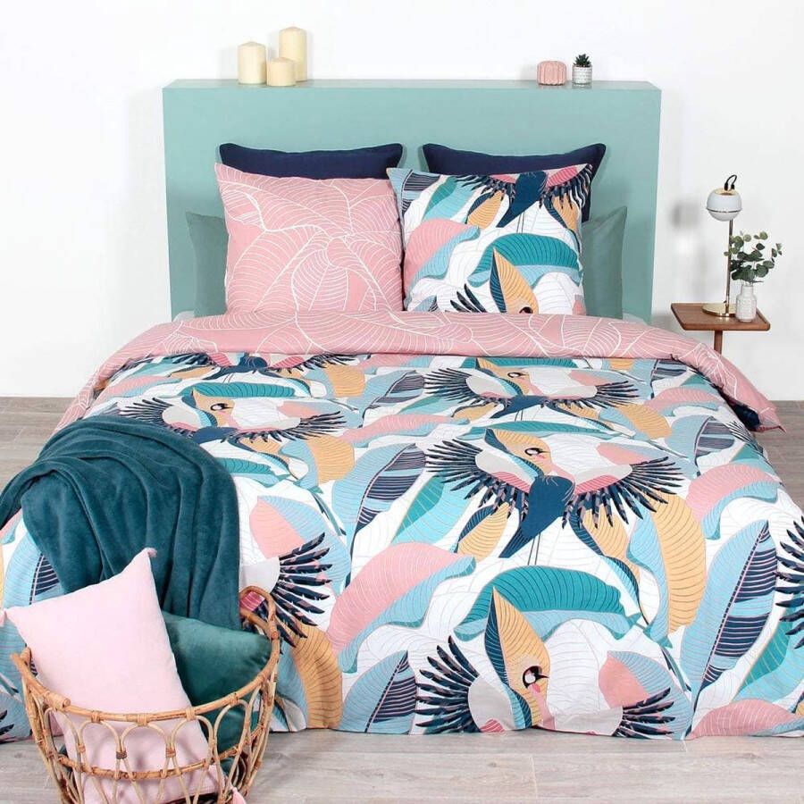 Beddengoed 220 x 240 cm + 2 kussenslopen 63 x 63 cm dekbedovertrek voor tweepersoonsbed roze en tropisch blauw 100% biologisch katoen (240 x 220 cm)