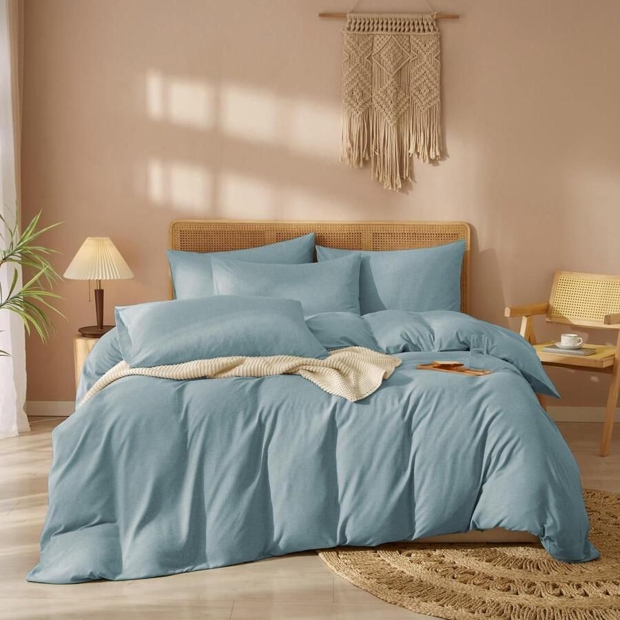 Beddengoed 220 x 240 cm turquoise effen katoen zomerbeddengoed tweepersoonsbed dekbedovertrek met ritssluiting 2 kussenslopen 80 dekbedovertrek 240 x 220 katoenen