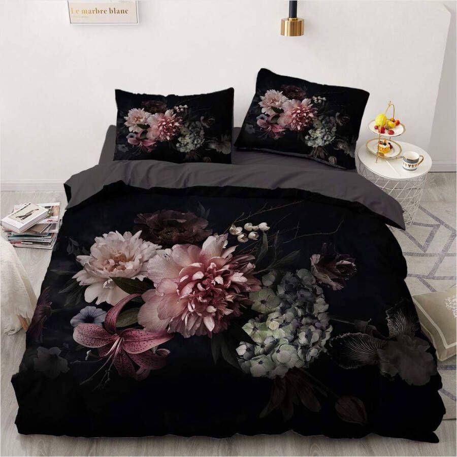 Beddengoed bloemen 135 x 200 cm 4-delig zwart vintage bloemenbloemen dekbedovertrek set zachte microvezel dekbedovertrek en 2 kussenslopen 80 x 80 cm voor tweepersoonsbed