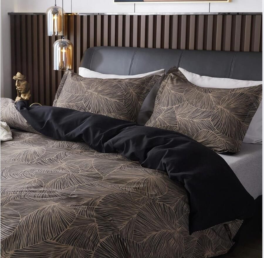 Beddengoed bruin tropische bladeren 1 x dekbedovertrek 140 x 200 cm eenpersoonsbed en 1 x kussensloop 65 x 65 cm