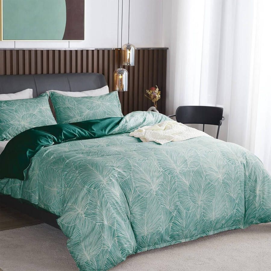 Beddengoed groen met tropische bladeren 1 x tweepersoons dekbedovertrek 220 x 240 cm voor tweepersoonsbed en 2 kussenslopen 65 x 65 cm beddengoedset groen zeer zacht tropisch beddengoed met ritssluiting