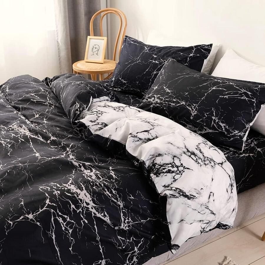 Beddengoed marmerlook microvezel zwart 2-delig 135 x 200 cm dekbedovertrek eenpersoonsbed omkeerbaar beddengoed met ritssluiting tweezijdig bedrukt (JY 135 x 200 cm 80 x 80 cm)
