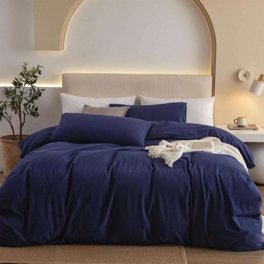 Beddengoed 220 x 240 cm marineblauw katoen tweepersoonsbed Oeko-Tex allergieën 3-delig effen zacht kussenslopen 80 x 80 cm. dekbedovertrek 240 x 220 katoenen