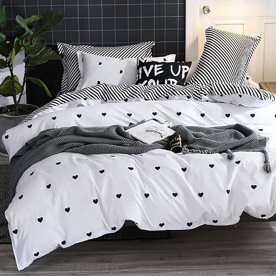 Luvetrex Beddengoed Set Met Hartjespatroon En Omkeerbare Strepen Voor Eenpersoonsbed