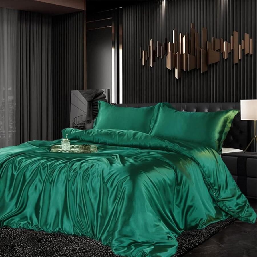 Beddengoedset satijn 220 x 240 cm 3-delig groen donkergroen zijdeachtig glanzend zijde effen dekbedovertrek set glad luxe beddengoedset zacht tweepersoonsbed met ritssluiting