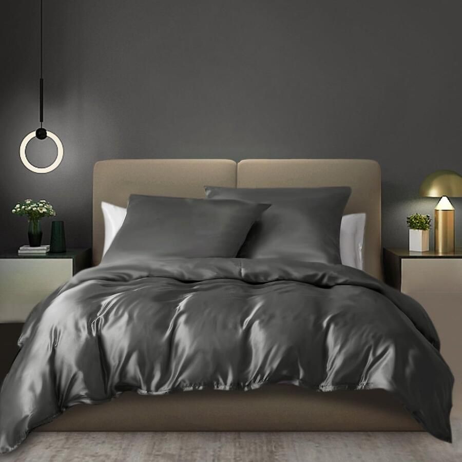 Beddengoed set satijn 155 x 220 cm 3-delig grijs antraciet donkergrijs zijdeachtige touch glanzend zijde dekbedovertrek glad luxe beddengoedset zacht tweepersoonsbed met ritssluiting en kussenslopen
