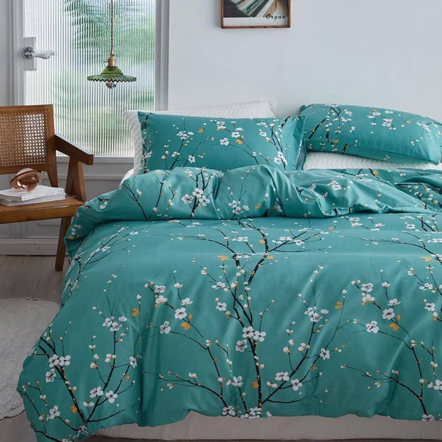 Beddengoed takkenpatroon 135 x 200 cm blauw dekbedovertrek 2-delig zacht ademend bloemen planten microvezel beddengoedset ritssluiting en kussenslopen 80 x 80 cm voor eenpersoonsbed